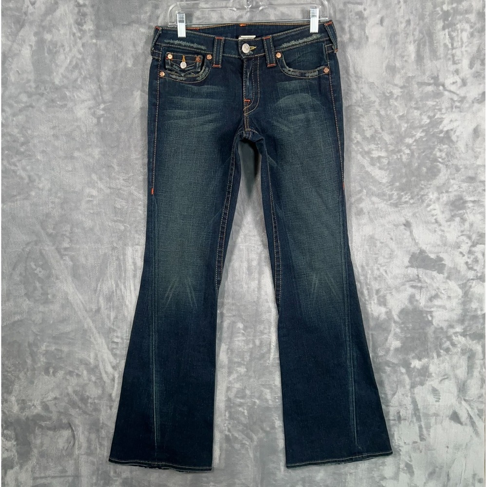True Religion Joey Low Rise Super T Flap Flare Jeans Womens 30 Blue Y2K Denim